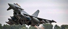 Heavily armed RAF Eurofighter Typhoon takes-off.            