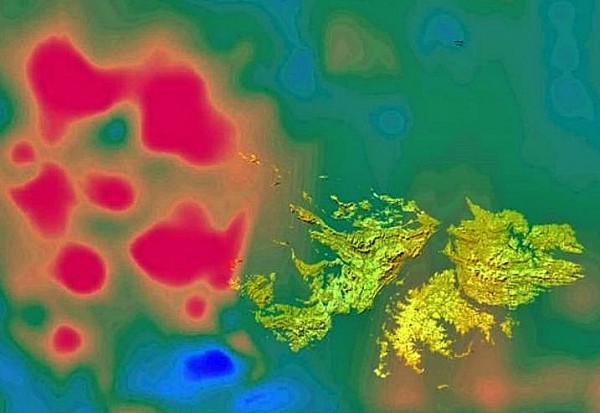 Probable Falklands asteroid impact crater (in red) to the northwest of the Falkland Islands (in yellow).           