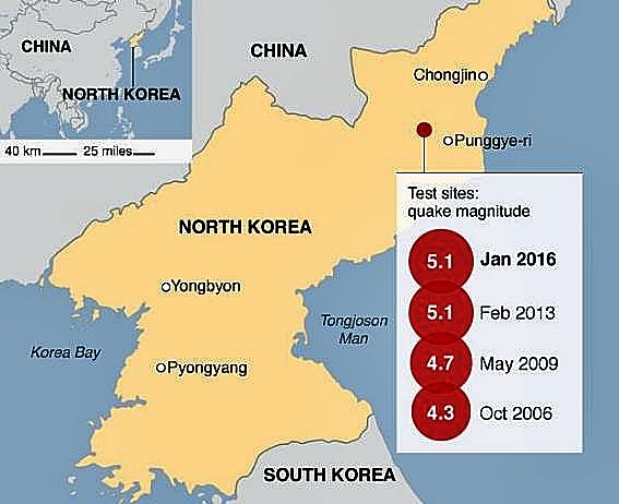 Sites of North Korea's nuclear bomb tests.                 
