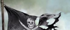  A torn pirate flag is displayed, somehow depicting the war against online piracy. 