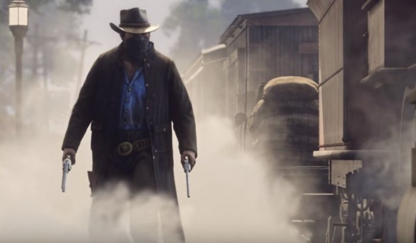 An alleged 'Red Dead Redemption 2' protagonist appears beside a train. 