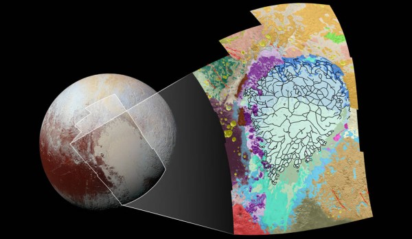 This map of the left side of Pluto’s heart-shaped feature uses colors to represent Pluto’s varied terrains, which helps scientists understand the complex geological processes at work.