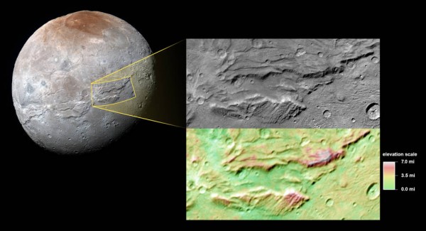 A close-up of the canyons on Charon, Pluto's big moon, taken by New Horizons during its close approach to the Pluto system last July.