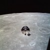 The Apollo 10 command module Charlie Brown is seen from the lunar module Snoopy after separation in lunar orbit.