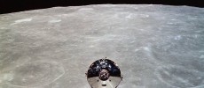 The Apollo 10 command module Charlie Brown is seen from the lunar module Snoopy after separation in lunar orbit.