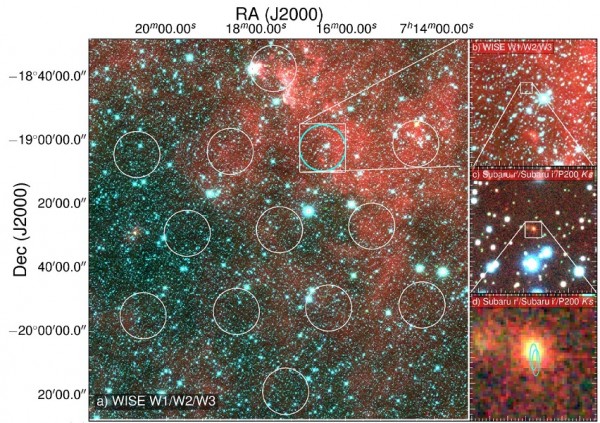 This image shows the field of view of the Parkes radio telescope on the left. On the right are successive zoom-ins in on the area where the signal came from (cyan circular region). The image at the bottom right shows the Subaru image of the FRB galaxy, wi