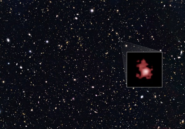 This image shows the position of the most distant galaxy discovered so far within a deep sky Hubble Space Telescope survey called GOODS North (Great Observatories Origins Deep Survey North). 