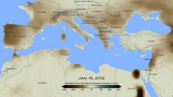 For January 2012, brown shades show the decrease in water storage from the 2002-2015 average in the Mediterranean region. Units in centimeters. The data is from the Gravity Recovery and Climate Experiment, or GRACE, satellites, a joint mission of NASA and