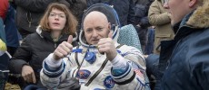 Expedition 46 Commander Scott Kelly of NASA rests in a chair outside of the Soyuz TMA-18M spacecraft just minutes after he and cosmonauts Mikhail Kornienko and Sergey Volkov of the Russian space agency Roscosmos landed in a remote area near the town of Zh