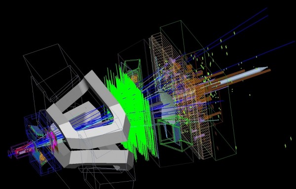 Computer simulation of rare decay of Bs meson to J/psi and phi mesons in LHCb detector at CERN.
