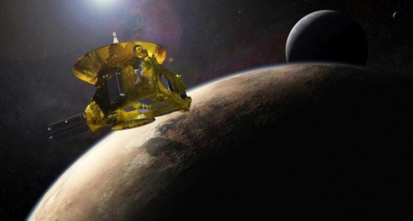 An artist's impression of NASA's New Horizons spacecraft encountering Pluto and its largest moon, Charon.