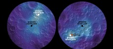 This polar hydrogen map of the moon’s northern and southern hemispheres identifies the location of the moon’s ancient and present day poles. In the image, the lighter areas show higher concentrations of hydrogen and the darker areas show lower concentrati
