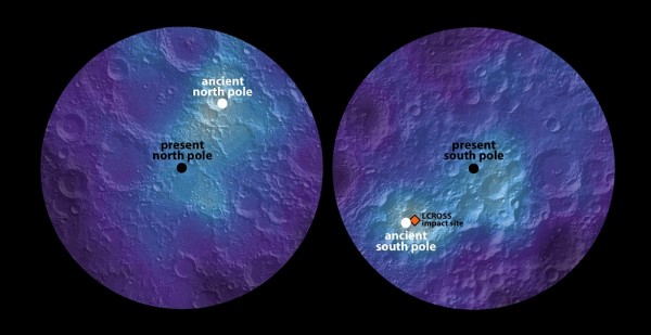 This polar hydrogen map of the moon’s northern and southern hemispheres identifies the location of the moon’s ancient and present day poles. In the image, the lighter areas show higher concentrations of hydrogen and the darker areas show lower concentrati