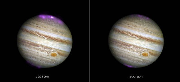 Solar storms are triggering X-ray auroras on Jupiter that are about eight times brighter than normal over a large area of the planet and hundreds of times more energetic than Earth’s ‘northern lights,’ according to a new study using data from NASA’s Chand