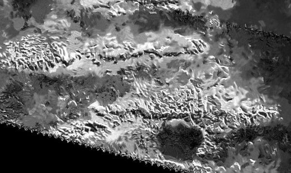 The trio of ridges on Titan known as Mithrim Montes is home to the hazy Saturnian moon's tallest peak.