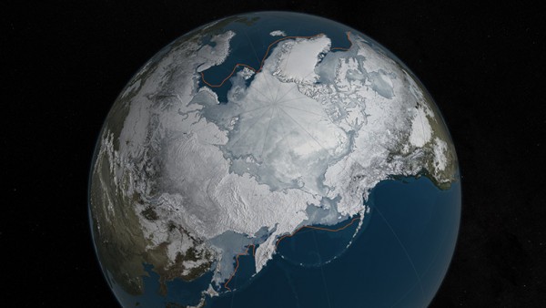 Arctic sea ice is at a record low wintertime maximum extent for the second straight year.  (NASA Goddard's Scientific Visualization Studio/C. Starr)