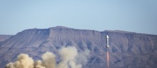 The reusable New Shepard space vehicle ascends through clear skies to an apogee of 339,138 feet.