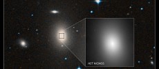 A sky survey image of the massive galaxy NGC 1600, and a Hubble Space Telescope near-infrared closeup of the bright center of the galaxy where the 17-billion-solar-mass black hole — or binary black hole — resides.