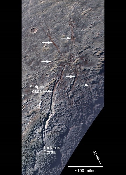Pluto’s unusual spider-like feature consists of at least six extensional fractures that converge to a point. Individual fractures can reach hundreds of miles long and appear to expose a reddish subsurface layer.
