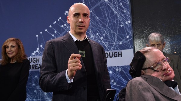 Yuri Milner and Stephen Hawking pose with a new chip as they host press conference to announce Breakthrough Starshot, a new space exploration initiative, at One World Observatory on April 12, 2016 in New York City. 