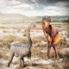 Composite illustration created by Anthony Morrow. Baby Rapetosaurus sculpture by Tyler Keillor; photo of Malagasy girl by Ella Glass