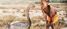 Composite illustration created by Anthony Morrow. Baby Rapetosaurus sculpture by Tyler Keillor; photo of Malagasy girl by Ella Glass