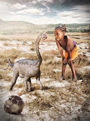 Composite illustration created by Anthony Morrow. Baby Rapetosaurus sculpture by Tyler Keillor; photo of Malagasy girl by Ella Glass