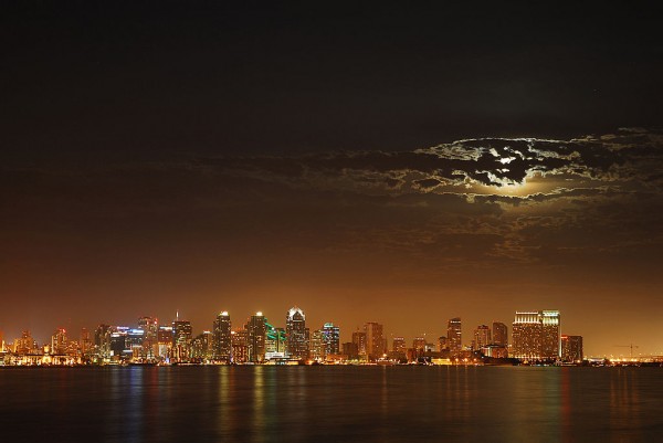 San Diego Skyline with Moon in Clouds