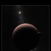 This artist's concept shows the distant dwarf planet Makemake and its newly discovered moon. Makemake and its moon, nicknamed MK 2, are more than 50 times farther away than Earth is from the sun. 