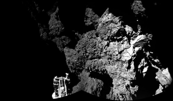 Rosetta’s lander Philae is safely on the surface of Comet 67P/Churyumov-Gerasimenko, as these first two CIVA images confirm. One of the lander’s three feet can be seen in the foreground. 