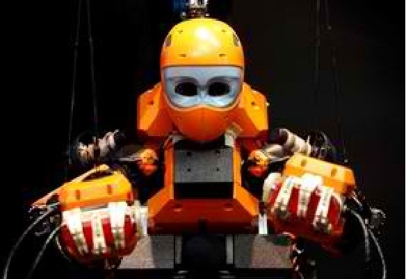 Humanoid Diving Robot OceanOne, with a humanoid torso and a mermaid-like tail section, studded with thrusters and sensors to keep the mer-bot swimming is seen during its presentation at the History Museum in Marseille, France, April 28, 2016.