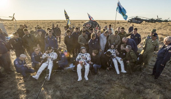 The Soyuz TMA-20M spacecraft is seen as it lands with Expedition 48 crew members NASA astronaut Jeff Williams, Russian cosmonauts Alexey Ovchinin, and Oleg Skripochka of Roscosmos near the town of Zhezkazgan, Kazakhstan on Wednesday, Sept. 7, 2016 (Kazakh