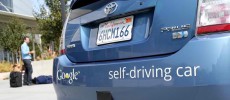 A Google self-driving car is displayed at the Google headquarters on September 25, 2012 in Mountain View, California. California.