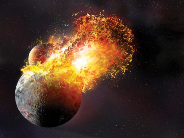 An artist's conception of the giant impact that created Earth's moon. New research suggests the impact was even more violent than this image suggests.