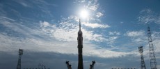 A Soyuz spacecraft being prepared for its launch from Kazakhstan’s Baikonur Cosmodrome base.