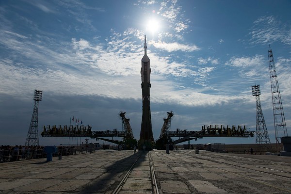 A Soyuz spacecraft being prepared for its launch from Kazakhstan’s Baikonur Cosmodrome base.