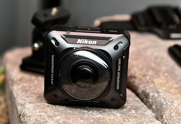 The Nikon KeyMission 360 action camera is displayed at the Nikon booth at CES 2016 at the Las Vegas Convention Center in Las Vegas, Nevada. 
