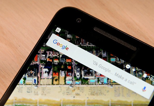 The Google logo is displayed on the new Nexus 5X phone during a Google media event in San Francisco, California. 
