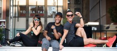 Fitbit Local Ambassadors Lauren Taus(L), Josh Martinez(C) and Jason Tran(R) leads the Launch Of Fitbit Local Free Community Workout in New York City.