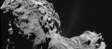 Four-image NAVCAM mosaic of Comet 67P/Churyumov-Gerasimenko, using images taken on 19 September 2014 when Rosetta was 28.6 km from the comet.