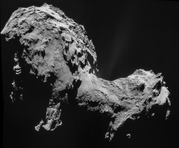 Four-image NAVCAM mosaic of Comet 67P/Churyumov-Gerasimenko, using images taken on 19 September 2014 when Rosetta was 28.6 km from the comet.