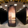 A fish-eye view of some of the Yellowstone supercomputer's 100 racks.