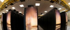 A fish-eye view of some of the Yellowstone supercomputer's 100 racks.