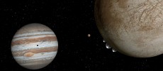 This is an artist's concept of the moon Europa, at right, with water-ice plumes erupting from its lower left limb at the 7 o'clock position