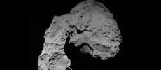 This view shows Comet 67P/Churyumov-Gerasimenko as seen by the OSIRIS wide-angle camera on ESA's Rosetta spacecraft, when Rosetta was at an altitude of 14 miles (23 kilometers).