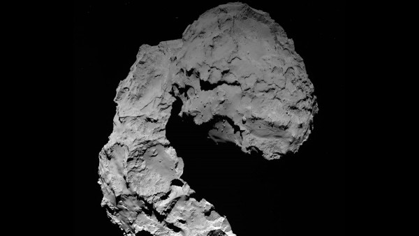 This view shows Comet 67P/Churyumov-Gerasimenko as seen by the OSIRIS wide-angle camera on ESA's Rosetta spacecraft, when Rosetta was at an altitude of 14 miles (23 kilometers).