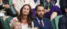 Pippa Middleton and her brother James Middleton watch on from the stands during the Men's Singles first round match between Novak Djokovic of Serbia and James Ward of Great Britain.