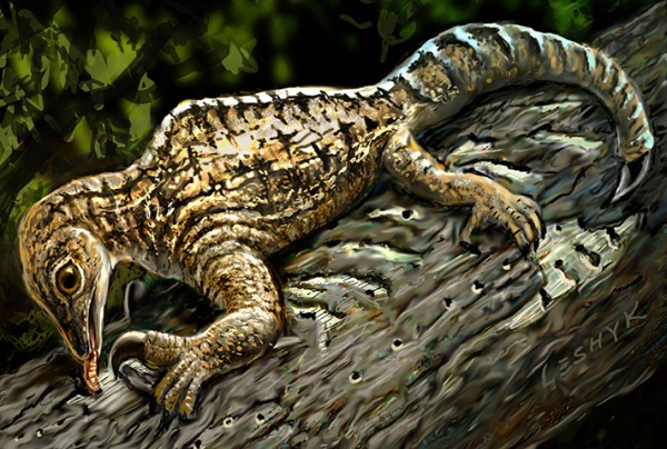 In this illustration set 212 million years ago in what is today New Mexico, a Drepanosaurus rips away tree bark with its massive claw and powerful arm.