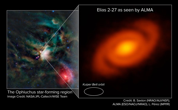 ALMA peered into the Ophiuchus star-forming region to study the protoplanetary disk around the young star Elias 2-27.