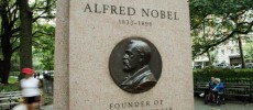 A monument dedicated to Nobel Prize founder Alfred Nobel stands in New York City. Three scientists have won the 2016 Nobel Prize in Chemistry for creating nano machines.